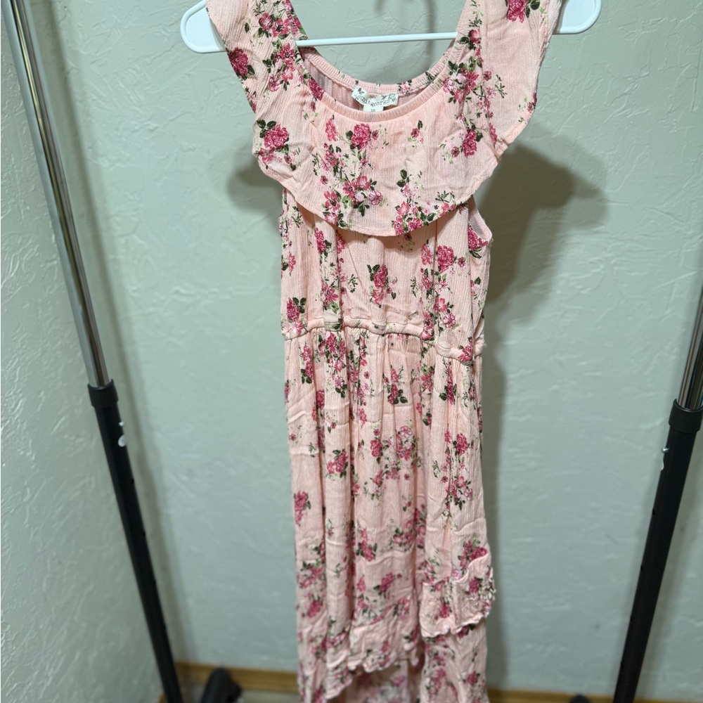 Knitworks Coral Pink Sleeveless Floral Hi-Lo Dress w/Ruffle Hem Girls 16
